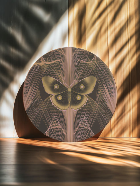 Round ceramic coaster featuring golden Luna moth illustration on dark green background with rose gold linear patterns. Cork-backed, 4-inch diameter. Perfect for vintage nature and gothic decor enthusiasts.